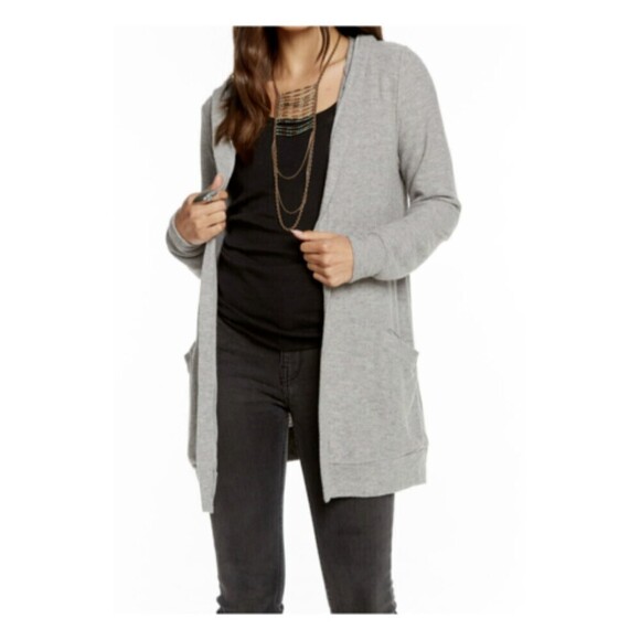 NWT CHASER Gray Super Soft Lace Up Back Hooded Cardigan Sweater Size Medium - Picture 1 of 7